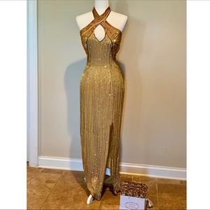 Gold Sequin Halter Prom Dress with Keyhole - Brand